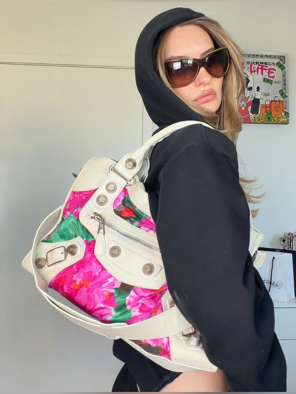Authentic Balenciaga white & pink floral print city bag in medium size